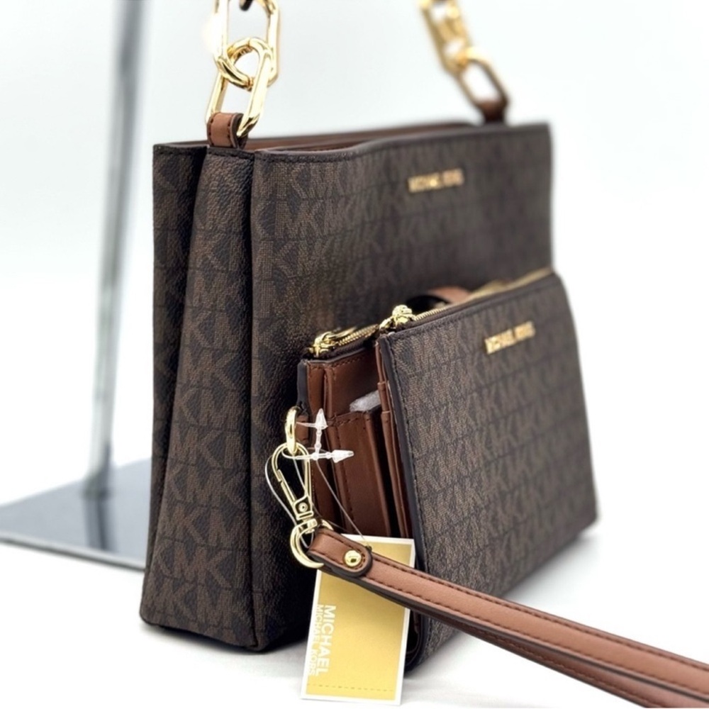 Michael Kors Trisha MD Triple Compartment Bag & Double Zip Wallet Set Brown - Picture 4 of 13